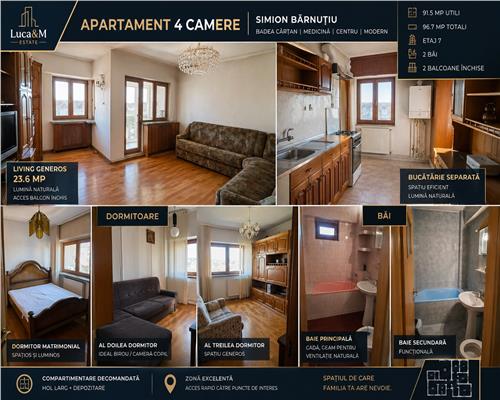 Apartament 4 camere , Zona Modern ,Bd. Simion Barnutiu ,Badea Cartan,Medicina
