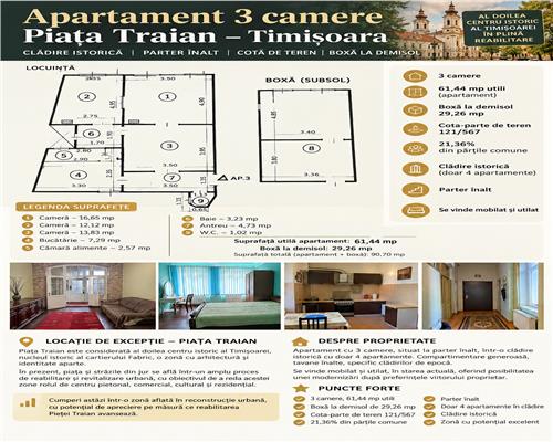 Apartament 3 camere  Piata Traian | cladire istorica | 61,44 mp plus boxa 29,26 mp si cota teren